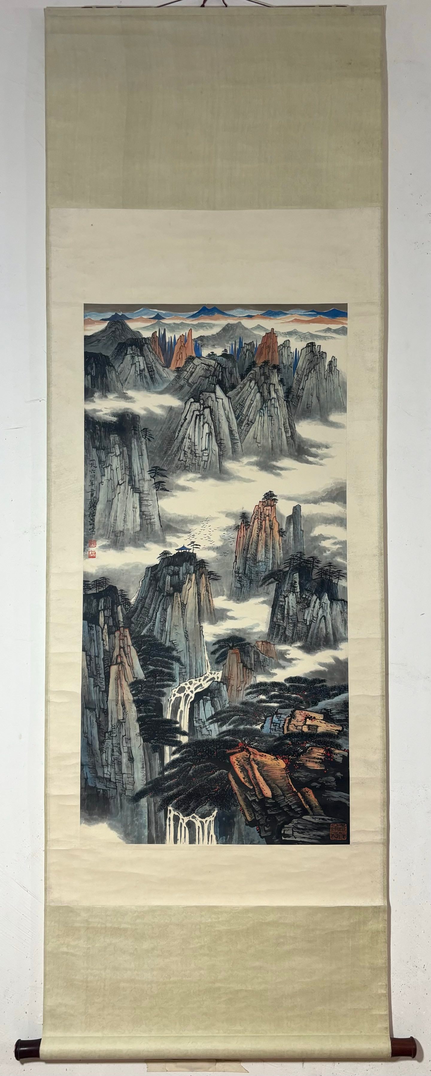 A Chinese Vertical Scroll Ink Painting of Landscape on Paper: A Chinese Vertical Scroll Ink Painting of Landscape on Paper Qian songyan Without frame Size:39.4inx19.5in钱松喦山水图 纸本立轴Without