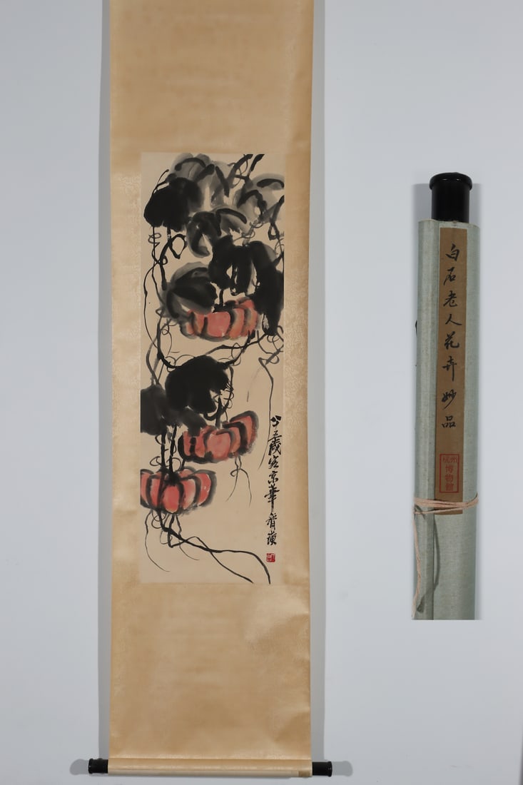 A Chinese Vertical Scroll Ink Painting of Flower on Paper: A Chinese Vertical Scroll Ink Painting of Flower on Paper Qi baishi Without frame Size:39.4inx13.2in齐白石花卉 纸本立轴Without frame Size:100cmx33