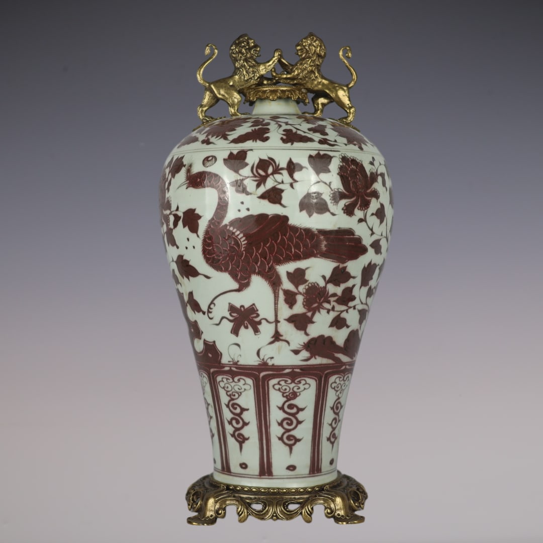 An Exquisite Blue and White Underglaze-Red Inlaid Bronze Lotus Pattern Flower and Bird Pattern: An Exquisite Blue and White Underglaze-Red Inlaid Bronze Lotus Pattern Flower and Bird Pattern Double-Ears Vase Yuan Dynasty, China Size:21.3inx9.1in青花釉里红鱼