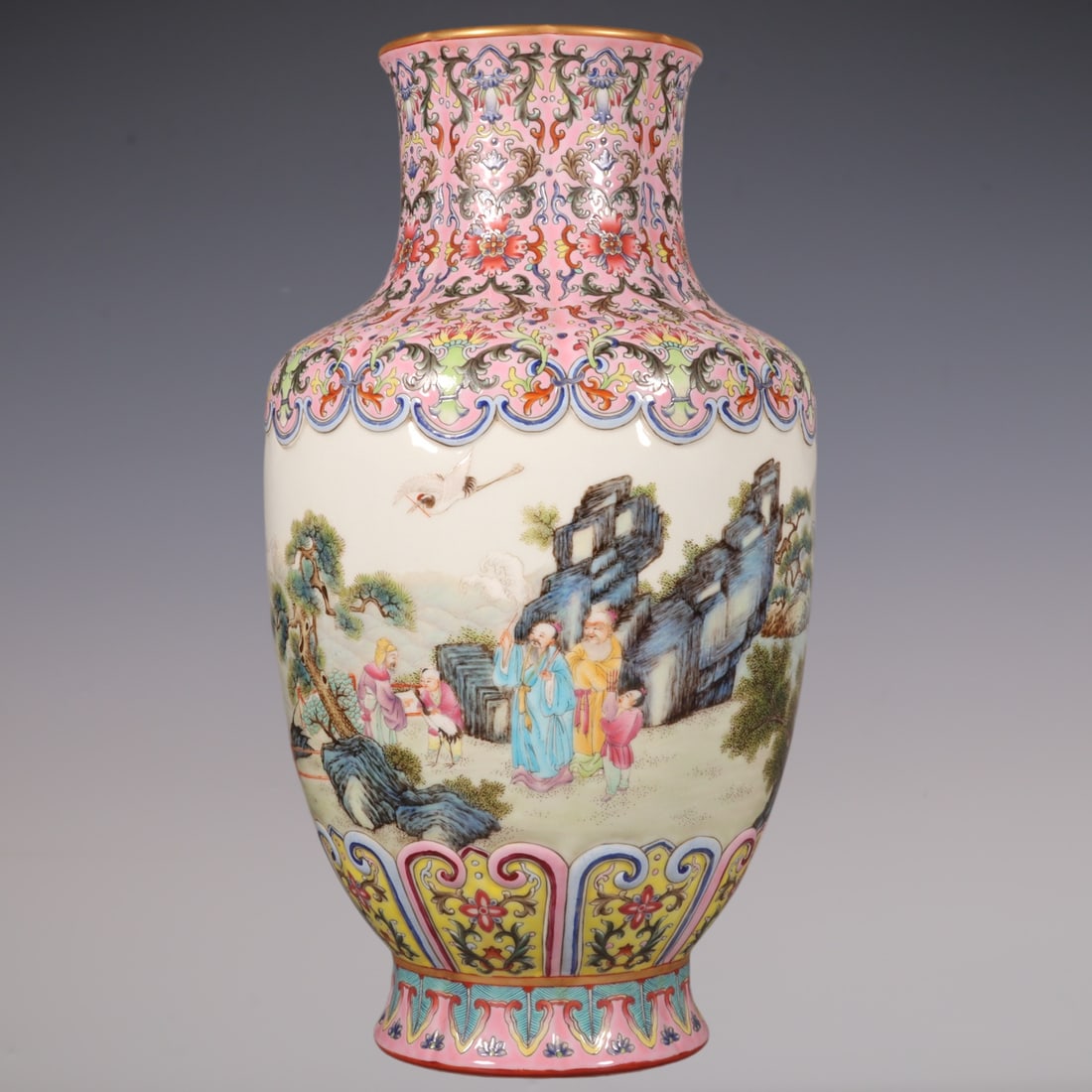 An Exquisite Enamel Lotus Pattern Character and Story Pattern Vase: An Exquisite Enamel Lotus Pattern Character and Story Pattern Vase Qing Dynasty, China Qianlong Six-character Mark