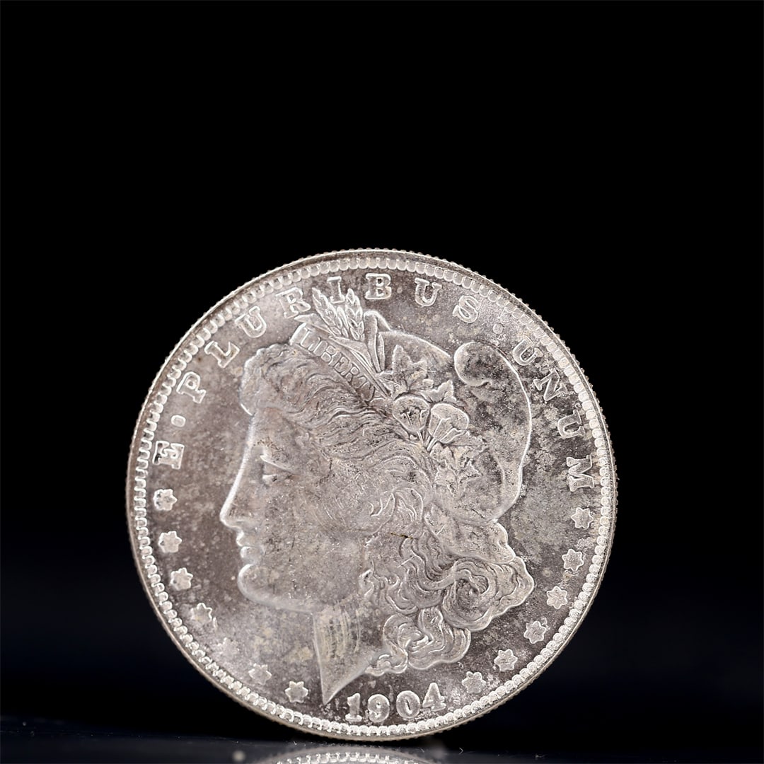 USA Morgan Dollar 1904 Coin: Obv: profile bust with date below and E PLURIBUS UNUM legend and stars around. Rev: eagle with In God we trust above within wreath with UNITED STATES OF AMERICA ONE DOLLAR legend. IN GOD WE TRUST /