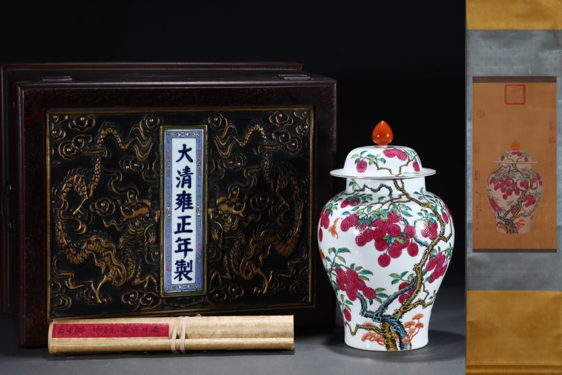 An Exquisite Famille-Rose Painted Gold Litchi Pattern with poem Jar: An Exquisite Famille-Rose Painted Gold Litchi Pattern with poem Jar Qing Dynasty, China Yongzheng Six-character Mark Without frame Size:24.4inx12.4in