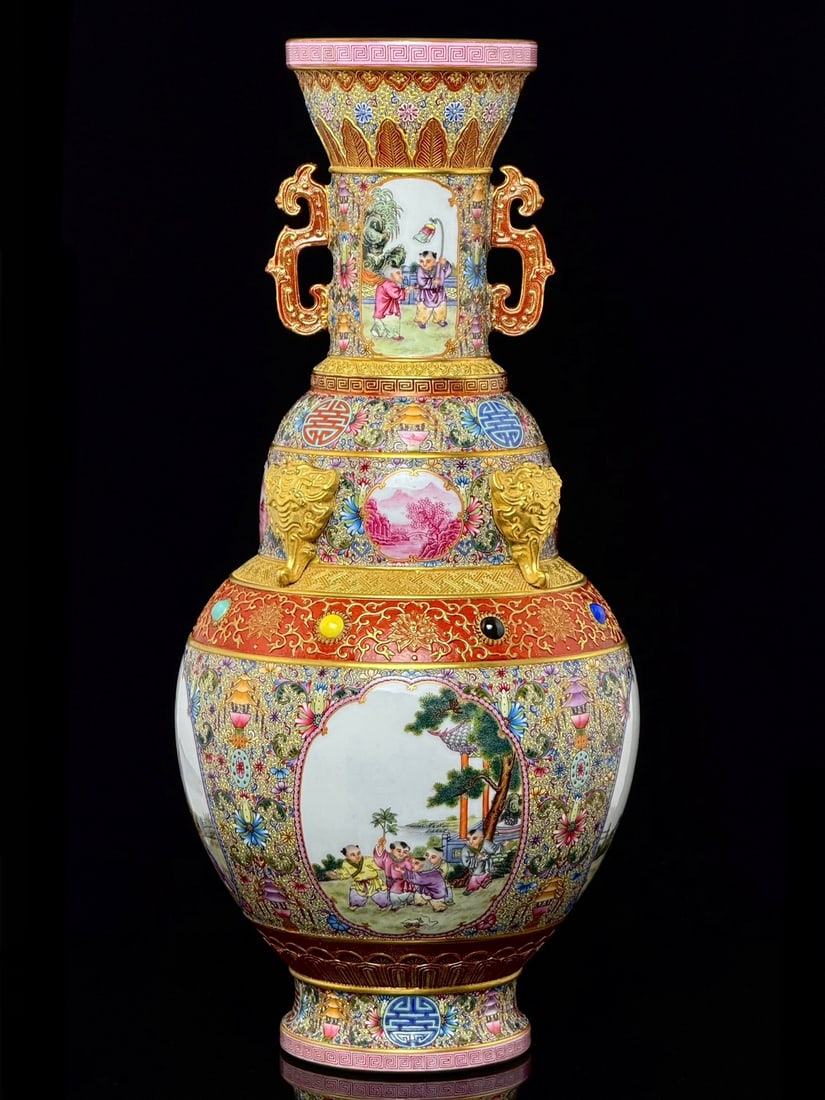 An Exquisite Famille-Rose Painted Gold Lotus Pattern Character and Story Pattern Bats and Peach: An Exquisite Famille-Rose Painted Gold Lotus Pattern Character and Story Pattern Bats and Peach Pattern Landscape Pattern Double-Ears Vase Qing Dynasty, China Qianlong Six-character Mark