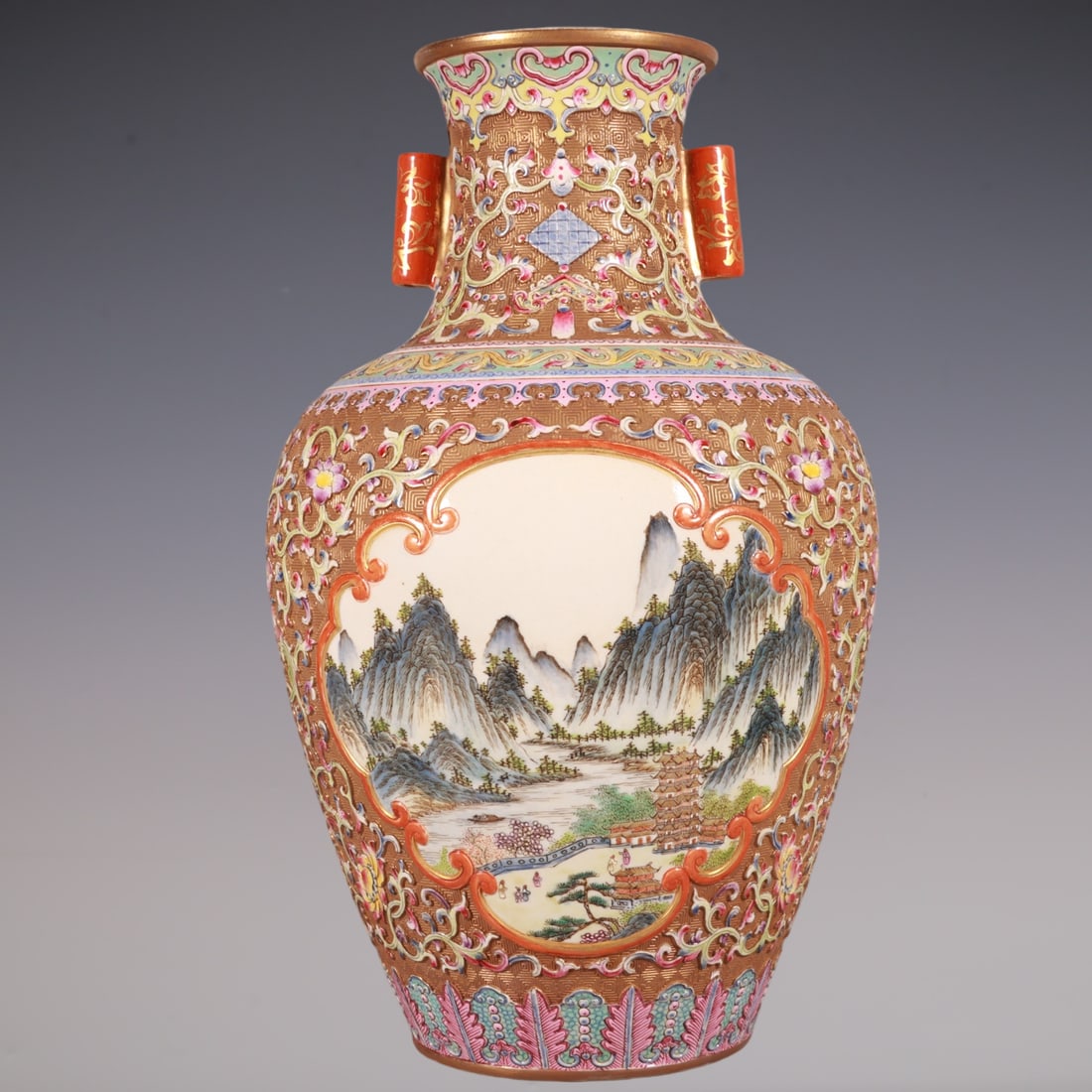An Exquisite Enamel Lotus Pattern Landscape Pattern Double-Ears Vase: An Exquisite Enamel Lotus Pattern Landscape Pattern Double-Ears Vase Qing Dynasty, China Qianlong Six-character Mark