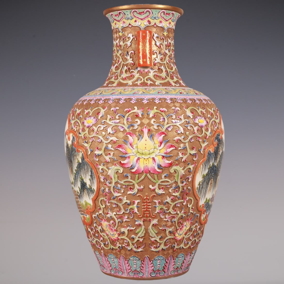 An Exquisite Enamel Lotus Pattern Landscape Pattern Double-Ears Vase - 4
