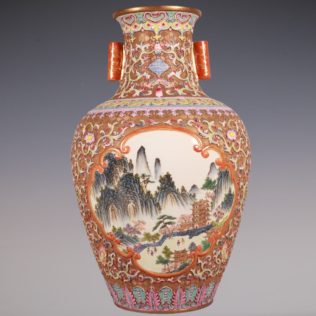 An Exquisite Enamel Lotus Pattern Landscape Pattern Double-Ears Vase - 5