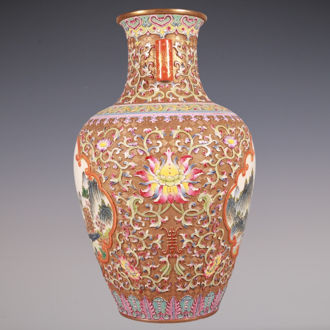 An Exquisite Enamel Lotus Pattern Landscape Pattern Double-Ears Vase - 7