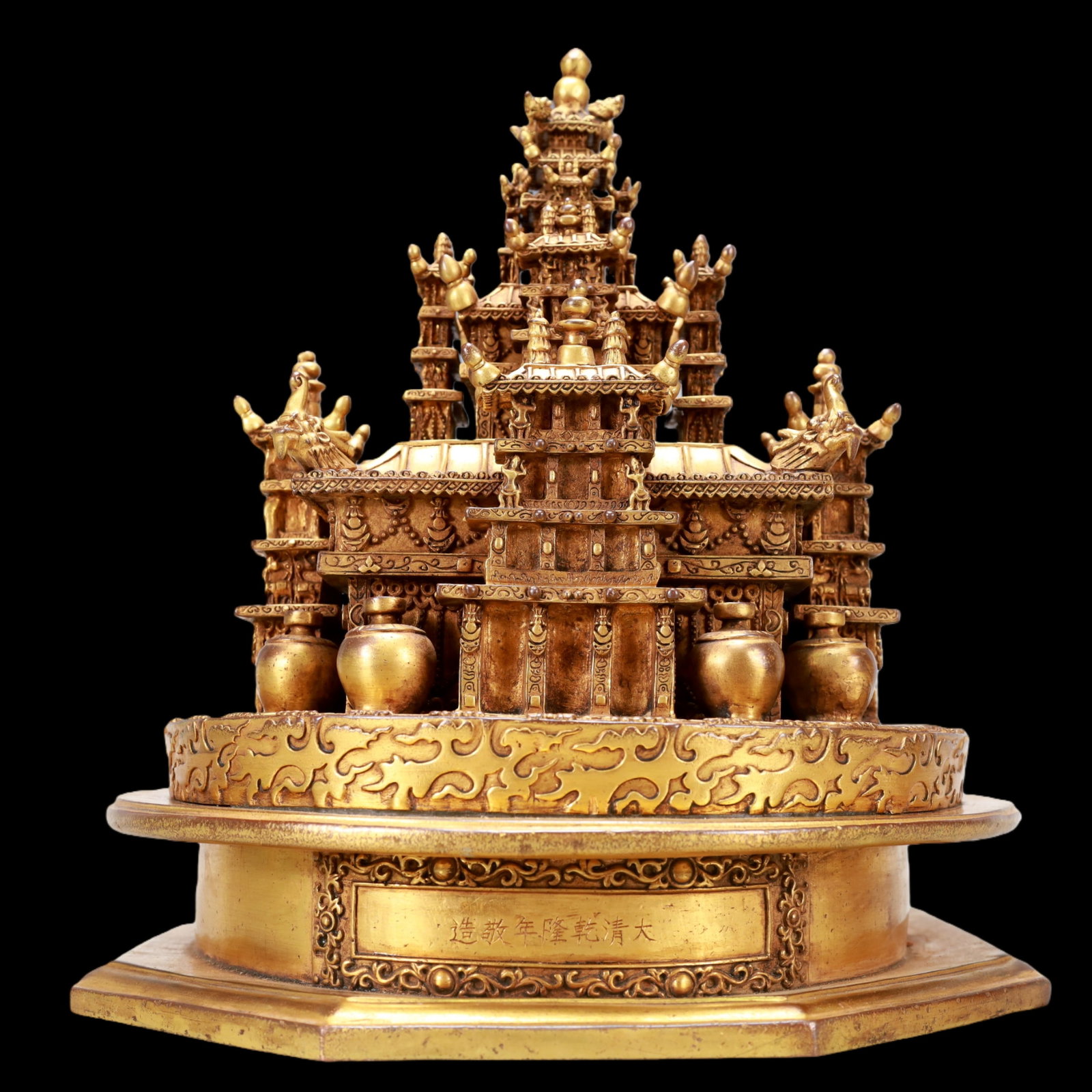 A Exquisite Gilt Bronze Ornament: A Exquisite Gilt Bronze Ornament Qing Dynasty, China Qianlong Six-character Mark Size:11.6inx12.4inx13in Weight:13750g铜鎏金坛城 中国清代