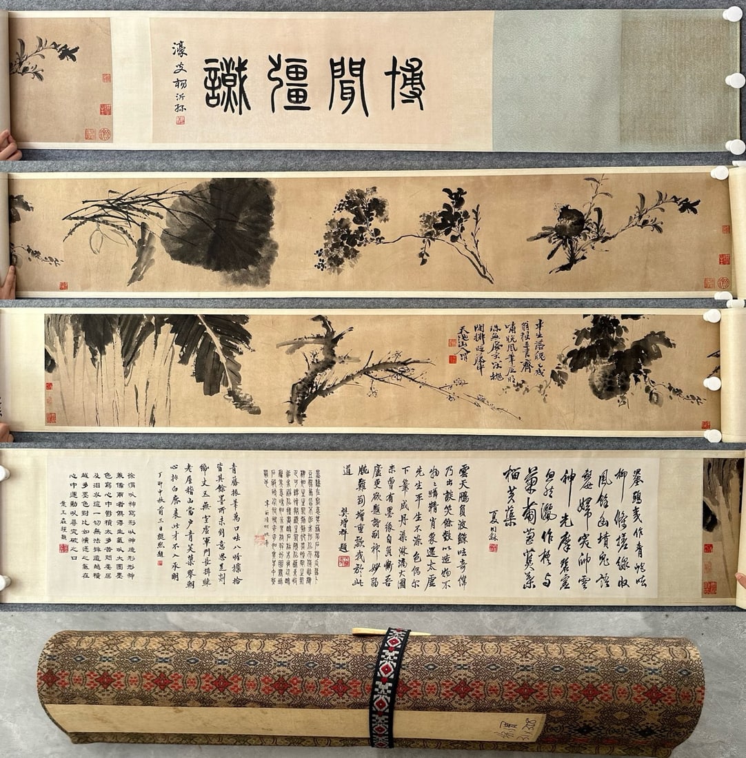 A Chinese Hand Scroll Ink Painting of Flower and Fruit on Paper: A Chinese Hand Scroll Ink Painting of Flower and Fruit on Paper Xu wei Without frame Size:12.2inx140.9in徐渭花果 纸本手卷Without frame Size:31cmx358cm