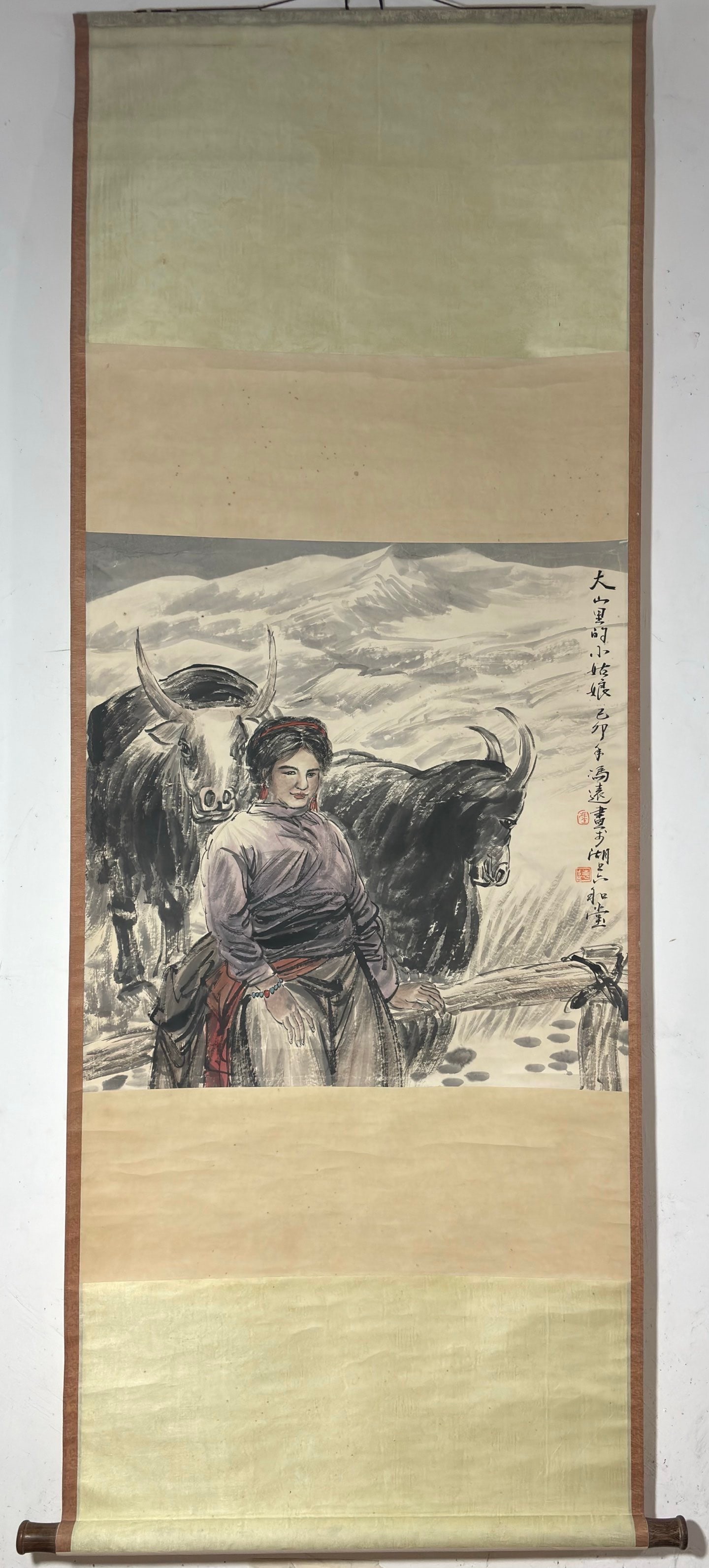 A Chinese Vertical Scroll Ink Painting of Character and Story on Paper: A Chinese Vertical Scroll Ink Painting of Character and Story on Paper Feng yuan Without frame Size:26.4inx26.2in冯远人物图 纸本立轴Without frame