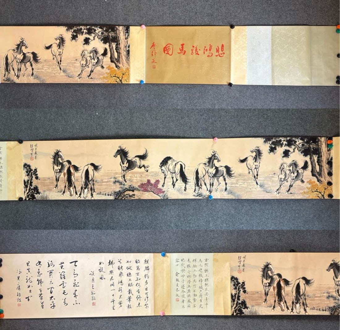 A Chinese Hand Scroll Ink Painting of Horse on Paper: A Chinese Hand Scroll Ink Painting of Horse on Paper Xu beihong Without frame Size:16.9inx86.6in徐悲鸿八骏图 纸本手卷Without frame