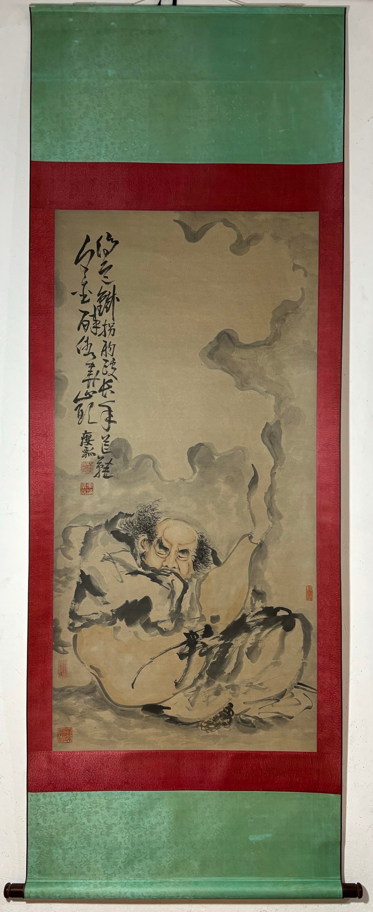 A Chinese Vertical Scroll Ink Painting of Figure on Paper: A Chinese Vertical Scroll Ink Painting of Figure on Paper Huang shen Without frame Size:53.5inx26.4in黄慎人物图 纸本立轴Without frame Size:136cmx6