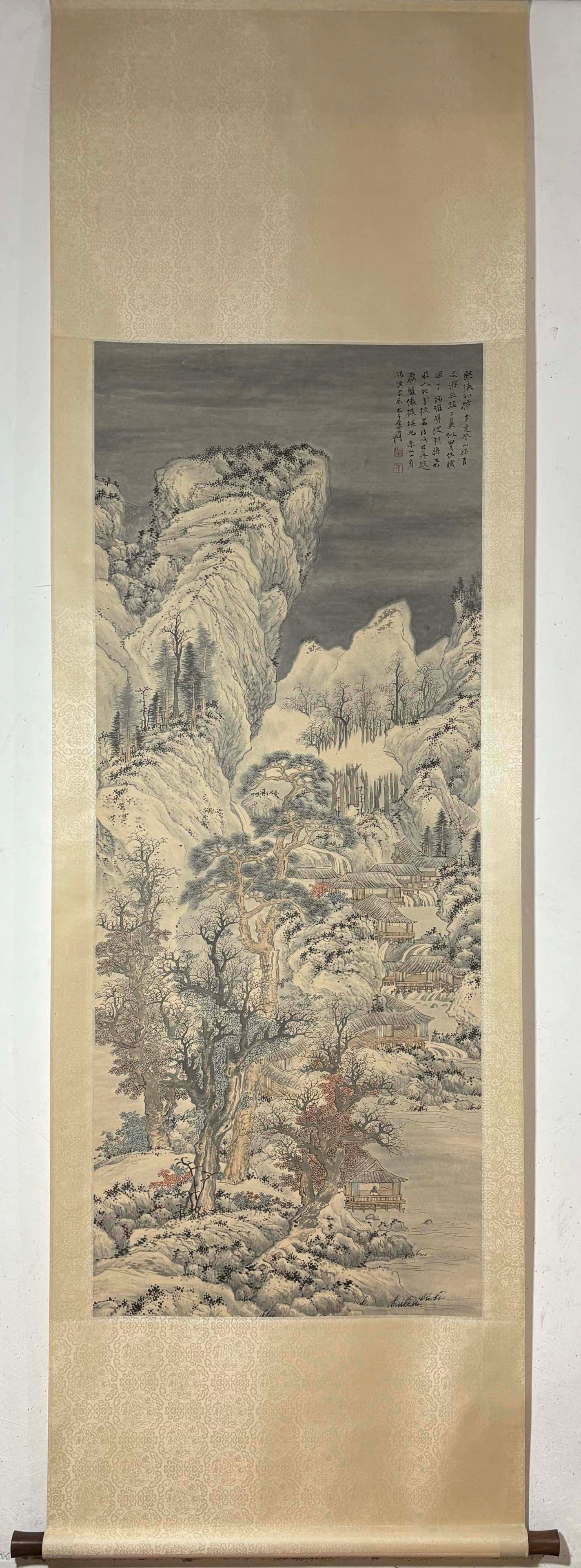 A Chinese Vertical Scroll Ink Painting of Landscape on Paper: A Chinese Vertical Scroll Ink Painting of Landscape on Paper Zhang daqian Without frame Size:58.5inx23.4in张大千山水图 纸本立轴Without frame