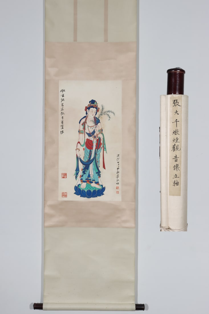 A Chinese Vertical Scroll Ink Painting of Statue of Avalokitesvara on Paper: A Chinese Vertical Scroll Ink Painting of Statue of Avalokitesvara on Paper Zhang daqian Without frame Size:24.6inx13in张大千敦煌观音像 纸本