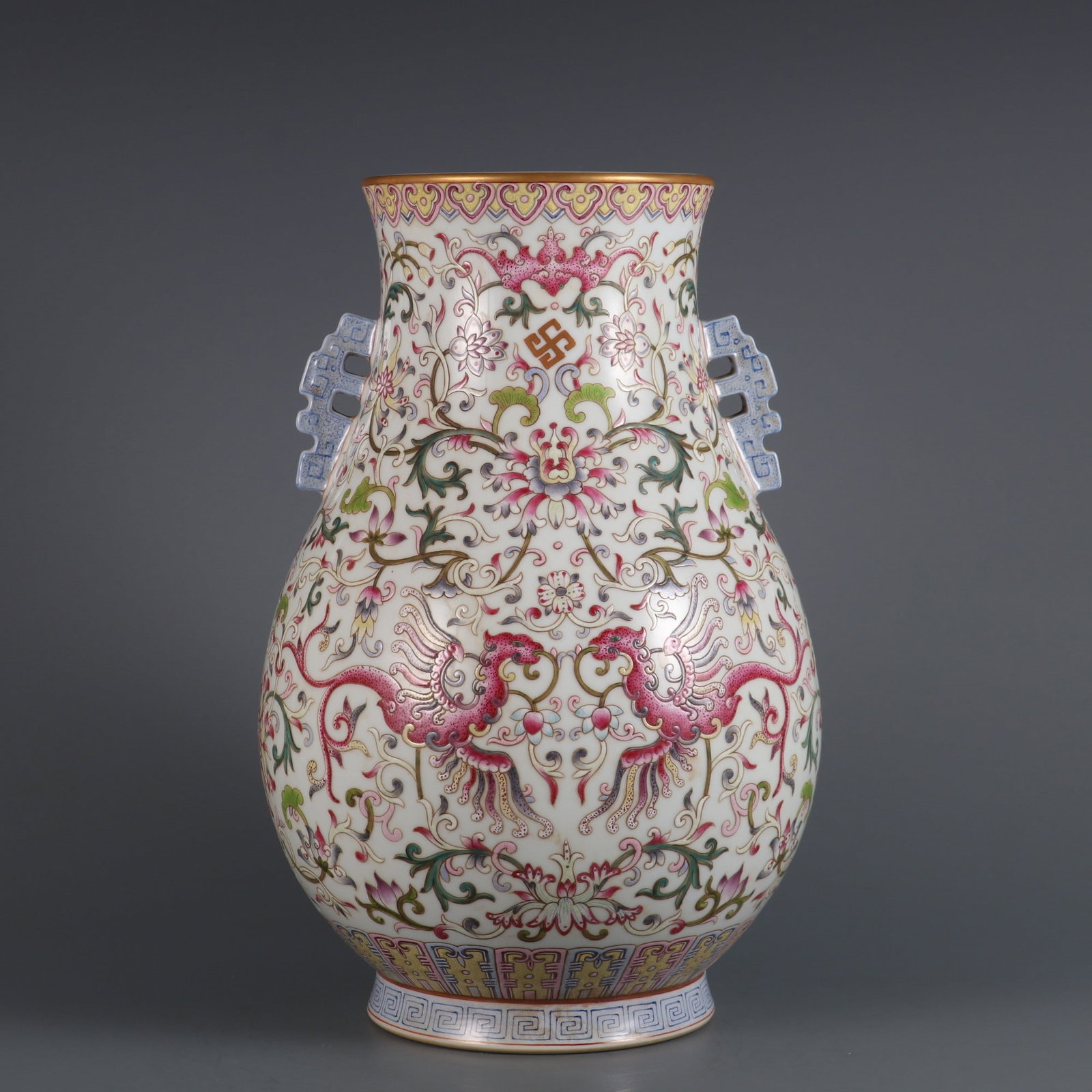 An Exquisite Famille-Rose Lotus Pattern Phoenix Pattern Double-Ears Vase: An Exquisite Famille-Rose Lotus Pattern Phoenix Pattern Double-Ears Vase Qing Dynasty, China Qianlong Six-character Mark