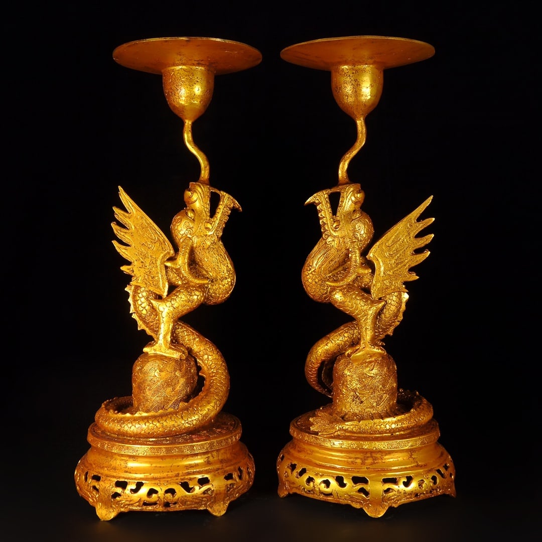 A Pair of Exquisite Gilt Bronze Auspicious Beast-Shaped Candlestick: A Pair of Exquisite Gilt Bronze Auspicious Beast-Shaped Candlestick Qing Dynasty, China Size:17.3inx6.3in