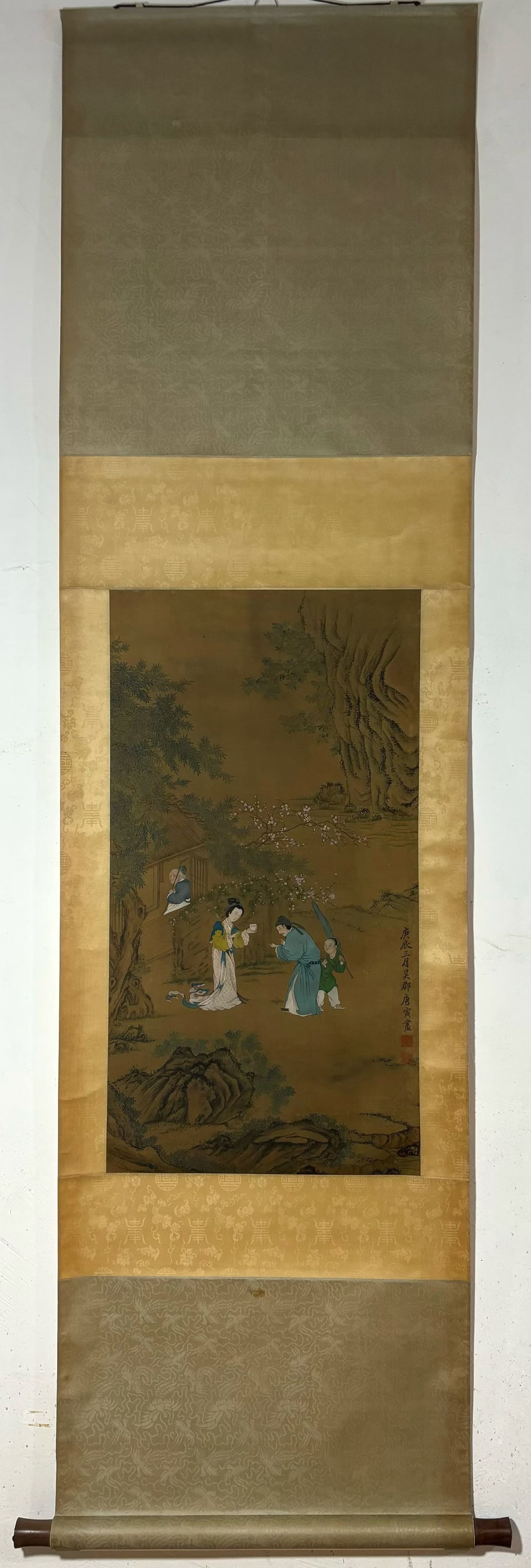 A Chinese Vertical Scroll Ink Painting of Landscape and Figure on Silk: A Chinese Vertical Scroll Ink Painting of Landscape and Figure on Silk Tang yin Without frame Size:30.9inx16.5in唐寅人物图 绢本立轴Without frame