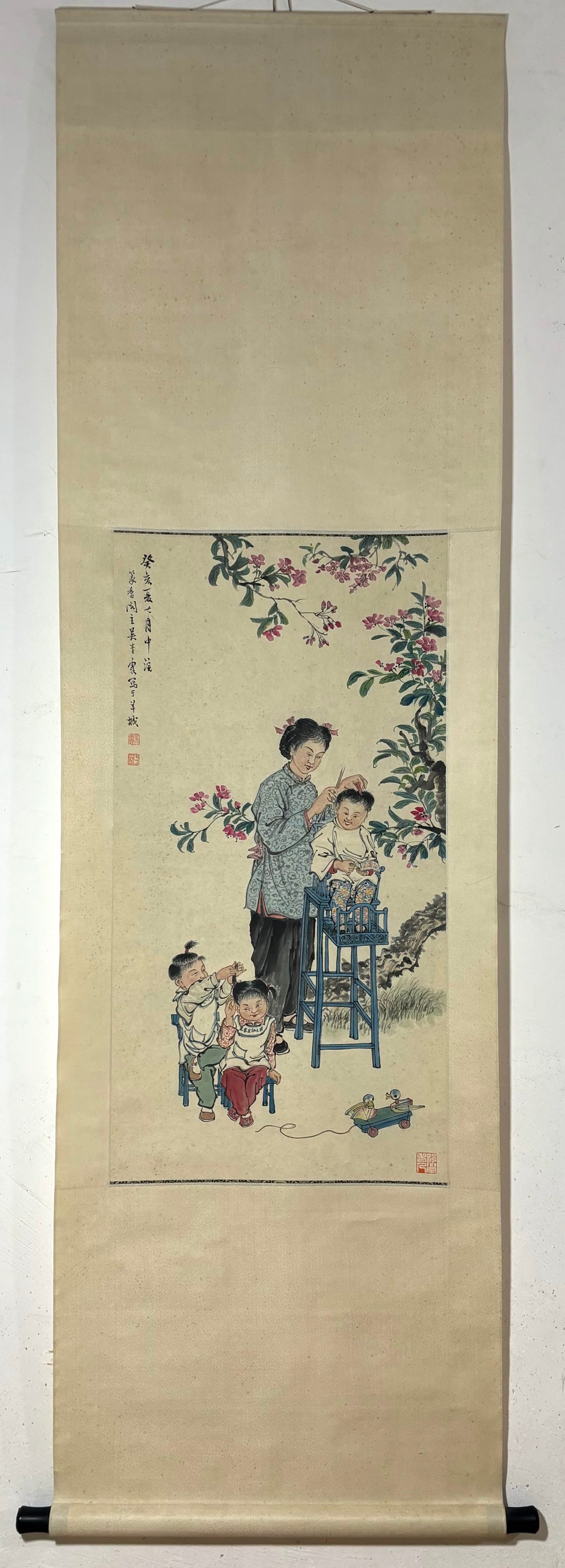 A Chinese Vertical Scroll Ink Painting of Character and Story on Paper: A Chinese Vertical Scroll Ink Painting of Character and Story on Paper Wu qingxia Without frame Size:35.4inx18.5in吴青霞人物图