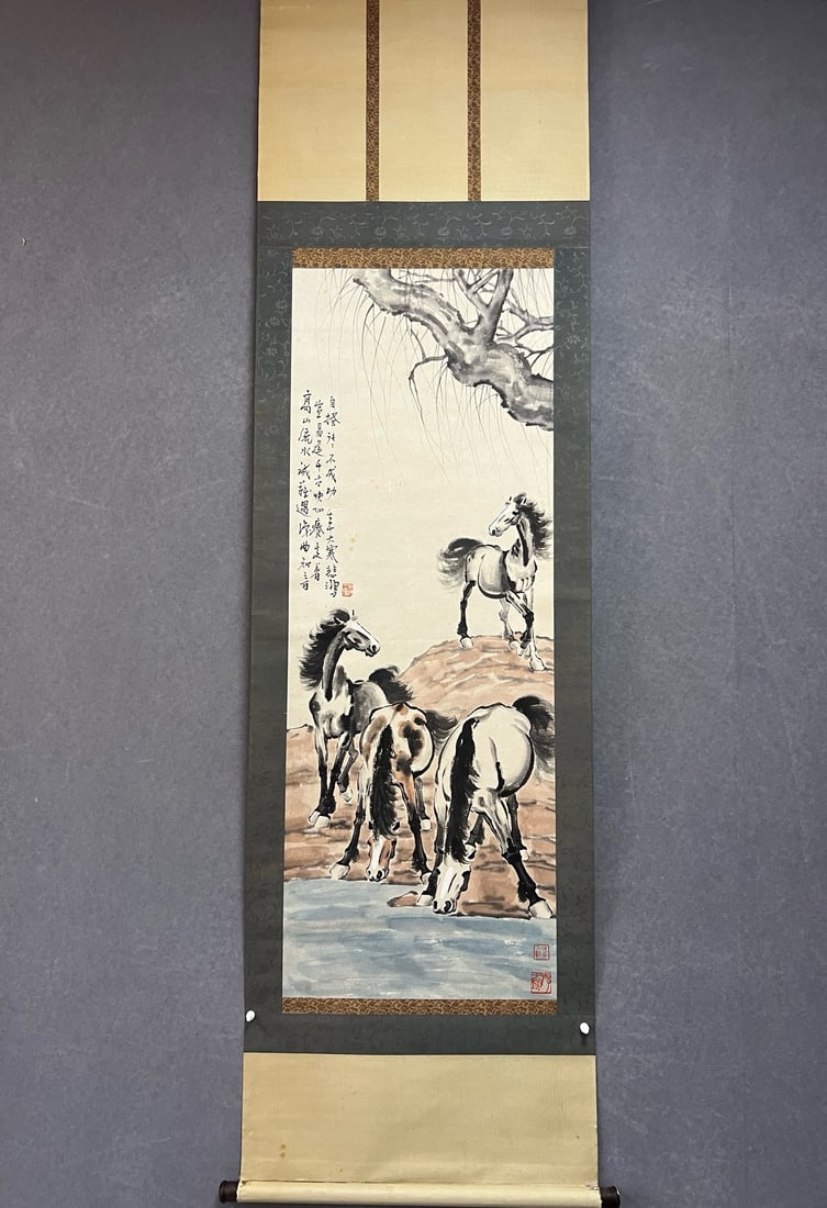 A Chinese Vertical Scroll Ink Painting of Horse on Paper: A Chinese Vertical Scroll Ink Painting of Horse on Paper Xu beihong Without frame Size:45.3inx16.5in徐悲鸿四骏图 纸本立轴Without frame
