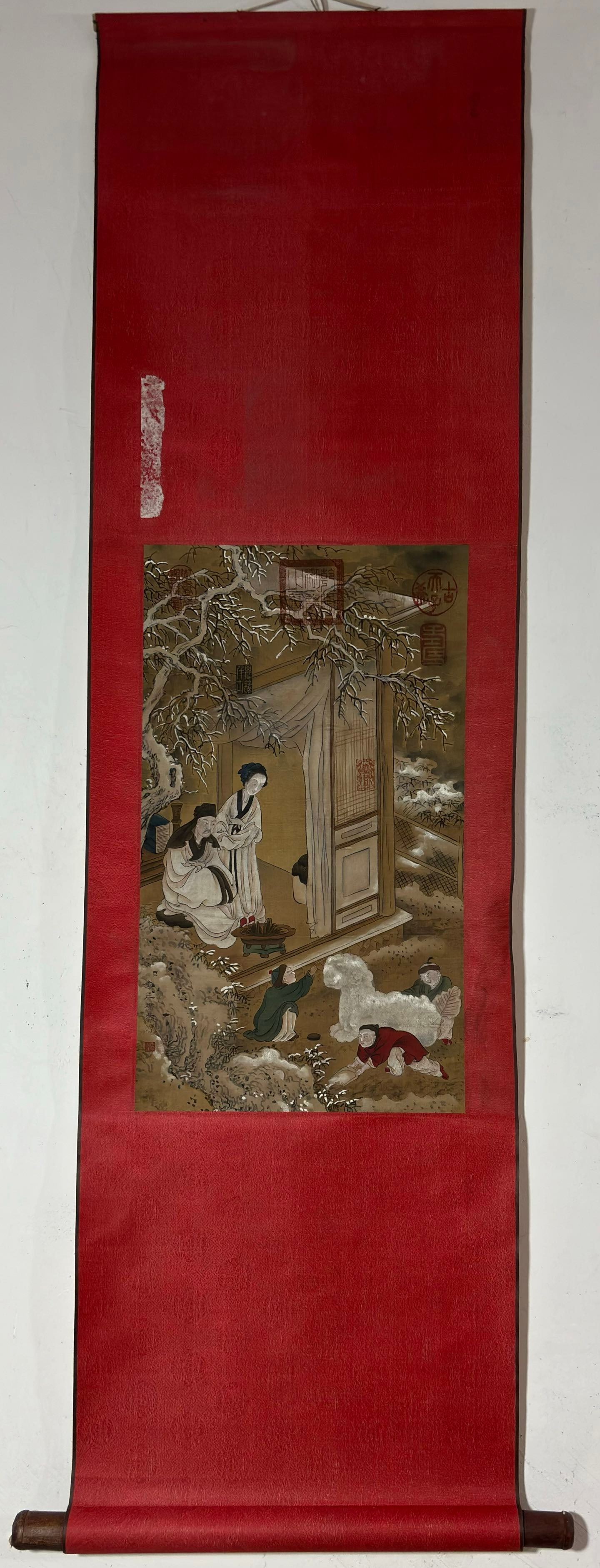 A Chinese Vertical Scroll Ink Painting of Character and Story on Silk: A Chinese Vertical Scroll Ink Painting of Character and Story on Silk Jin yanbiao Without frame Size:22.4inx13in金廷标人物图