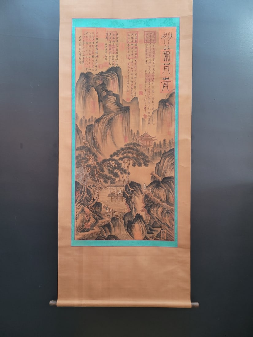 A Chinese Vertical Scroll Ink Painting of Landscape on Silk: A Chinese Vertical Scroll Ink Painting of Landscape on Silk Cai jing Without frame Size:26inx55.9in蔡京秀水松声图 绢本立轴Without