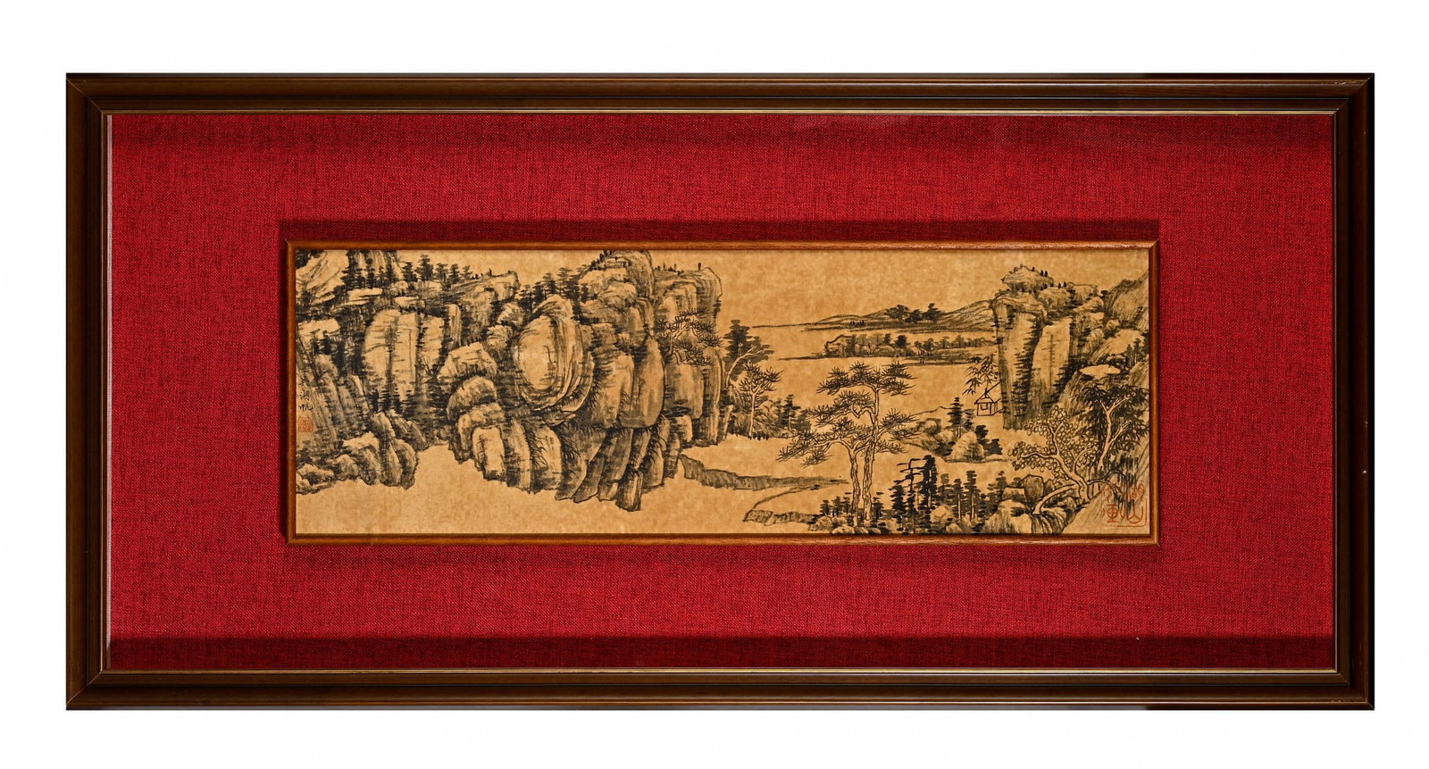 A Chinese Ink Painting of Landscape on Silk With Frame: A Chinese Ink Painting of Landscape on Silk With Frame Wu hufan Size:15inx30.7in Without frame Size:6.7inx20.1in吴湖帆山水框