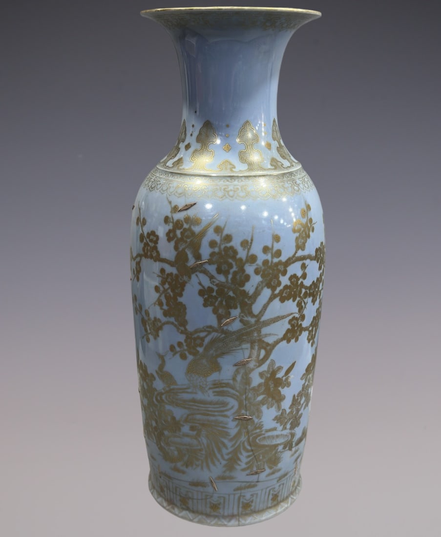 An Exquisite Sky Blue Glazed Painted Gold Flower and Bird Pattern with poem Vase: An Exquisite Sky Blue Glazed Painted Gold Flower and Bird Pattern with poem Vase Qing Dynasty, China Jiaqing Six-character Mark Size:23.2in天青釉描金花鸟Š
