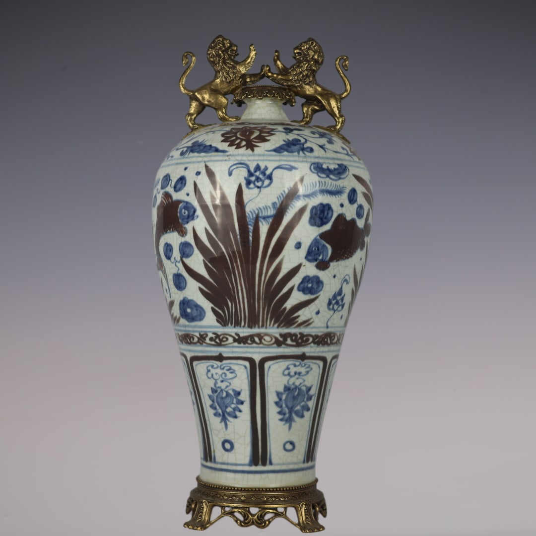 An Exquisite Blue and White Underglaze-Red Inlaid Bronze Fish and Lotus Pattern Lotus Pattern: An Exquisite Blue and White Underglaze-Red Inlaid Bronze Fish and Lotus Pattern Lotus Pattern Double-Ears Vase Yuan Dynasty, China