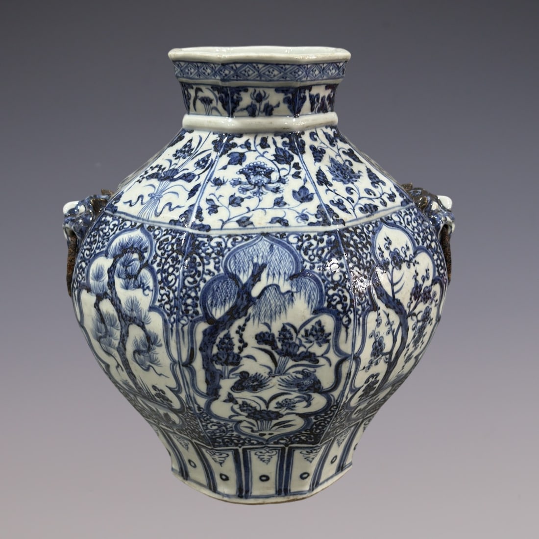 An Exquisite Blue and White Lotus Pattern Pine, Bamboo and Plum Blossom Pattern Double-Ears Jar: An Exquisite Blue and White Lotus Pattern Pine, Bamboo and Plum Blossom Pattern Double-Ears Jar Yuan Dynasty, China