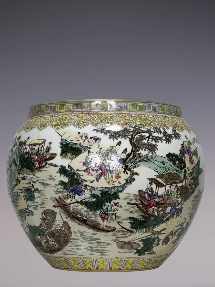 An Exquisite Famille-Rose Character and Story Pattern Vat: An Exquisite Famille-Rose Character and Story Pattern Vat Qing Dynasty, China Size:11.8inx14.6in粉彩鱼家乐人物笔洗缸