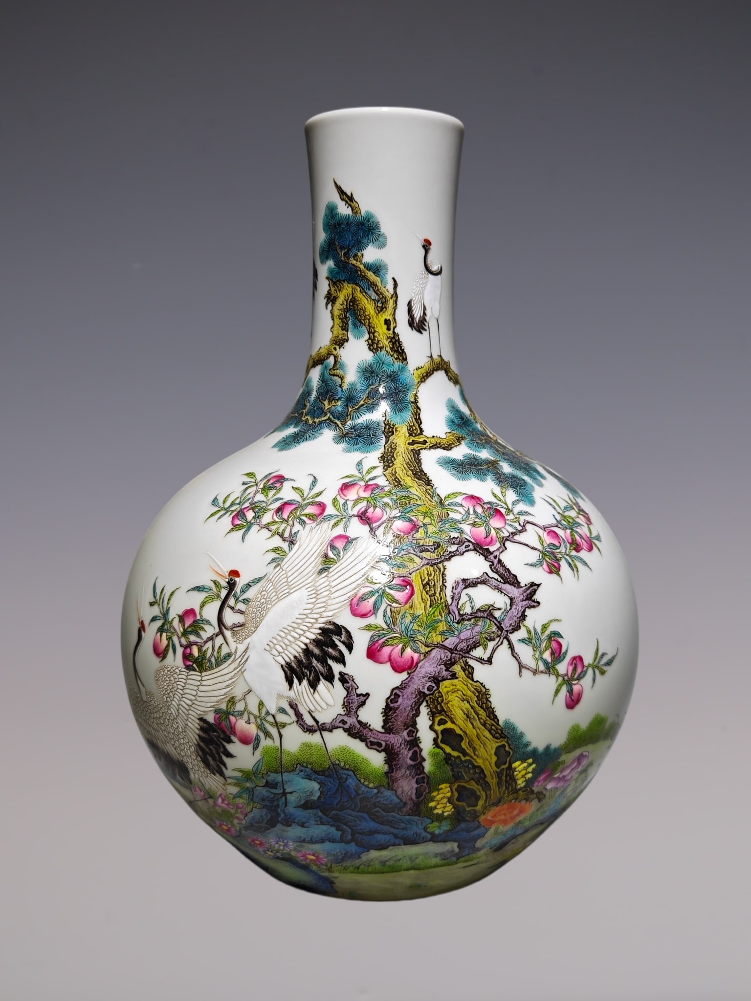 An Exquisite Famille-Rose Pine and Crane Pattern with poem Vase: An Exquisite Famille-Rose Pine and Crane Pattern with poem Vase Qing Dynasty, China Yongzheng Six-character Mark Size:11.9inx8.3in粉彩松鹤延年诗文࣪