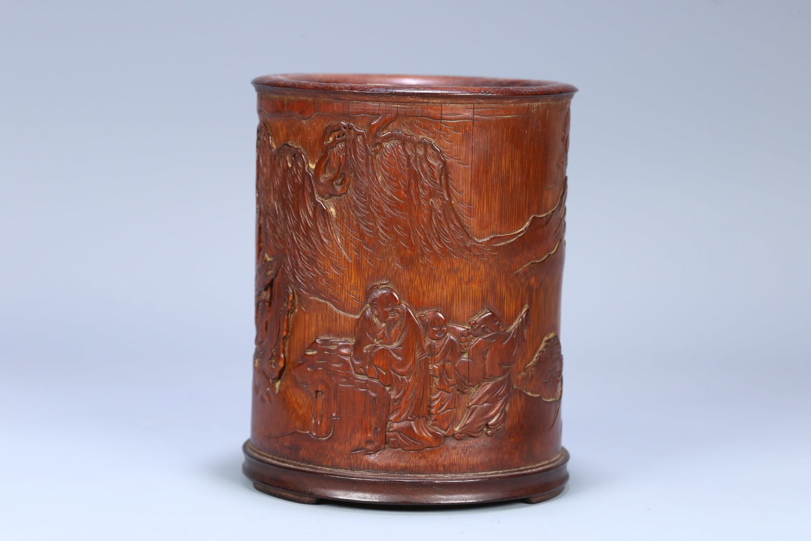An Exquisite Bamboo Character and Story Pattern Brush Pot: An Exquisite Bamboo Character and Story Pattern Brush Pot Qing Dynasty, China Size:5.9inx4.7in竹雕人物故事笔筒 中国清代 Size:15c