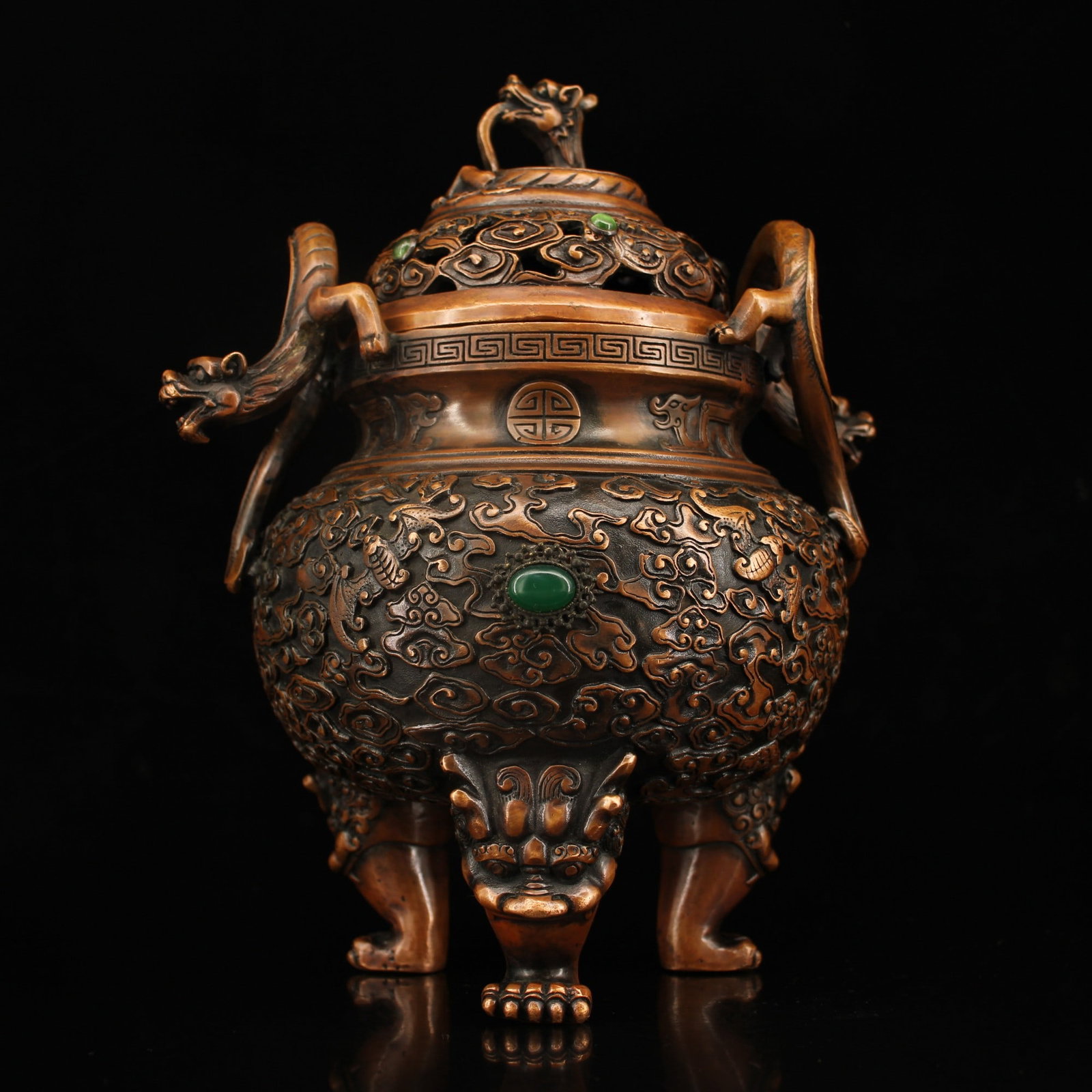 An Exquisite Bronze Inlaid Gems Beast-Face Pattern Double-Ears and Tripod Censer: An Exquisite Bronze Inlaid Gems Beast-Face Pattern Double-Ears and Tripod Censer Qing Dynasty, China Qianlong Four-character Mark Size:9.1inx7.1in Weight:1980g铜镶嵌宝石&
