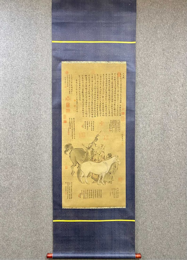 A Chinese Vertical Scroll Ink Painting of Character and Story on Silk: A Chinese Vertical Scroll Ink Painting of Character and Story on Silk Qiu ying Without frame Size:46.1inx20.5in仇英天马赋 绢本立轴Without frame