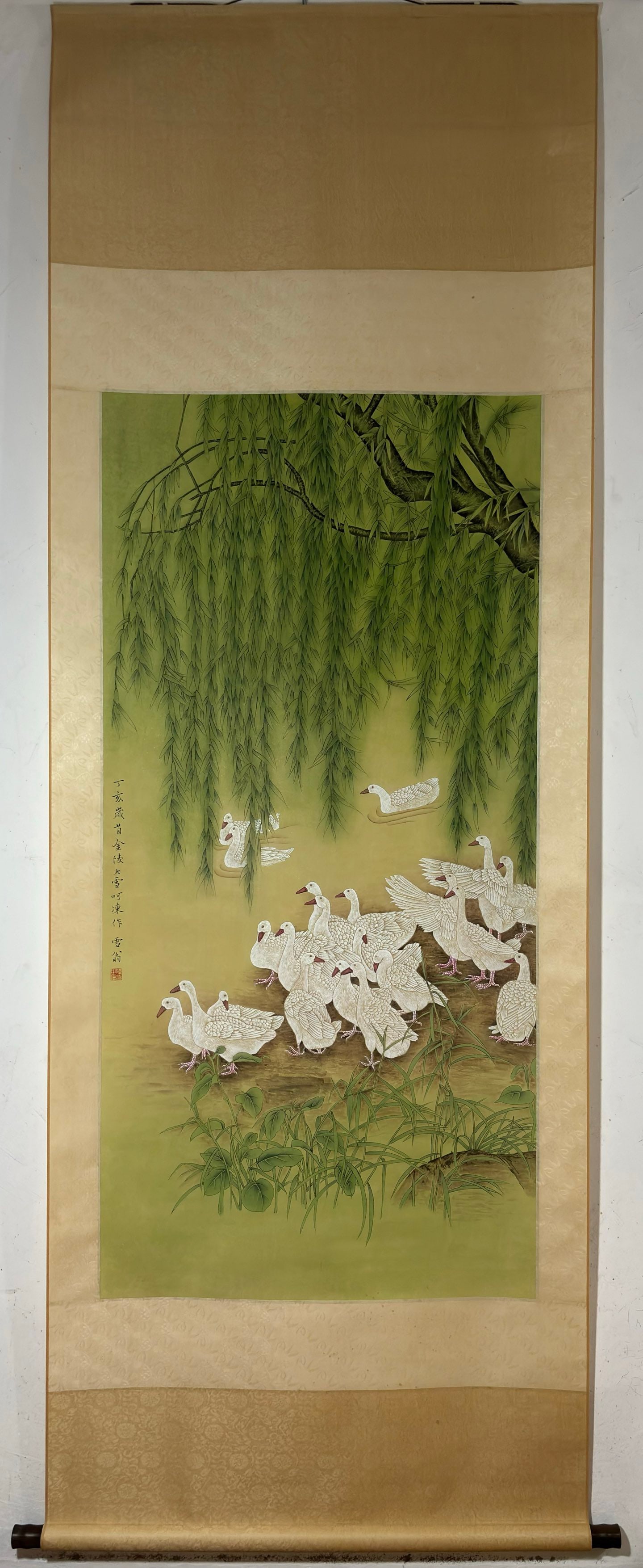 A Chinese Vertical Scroll Ink Painting of Flower and Bird on Paper: A Chinese Vertical Scroll Ink Painting of Flower and Bird on Paper Chen zhifo Without frame Size:53.9inx26in陈之佛柳树群鸭图 纸本立