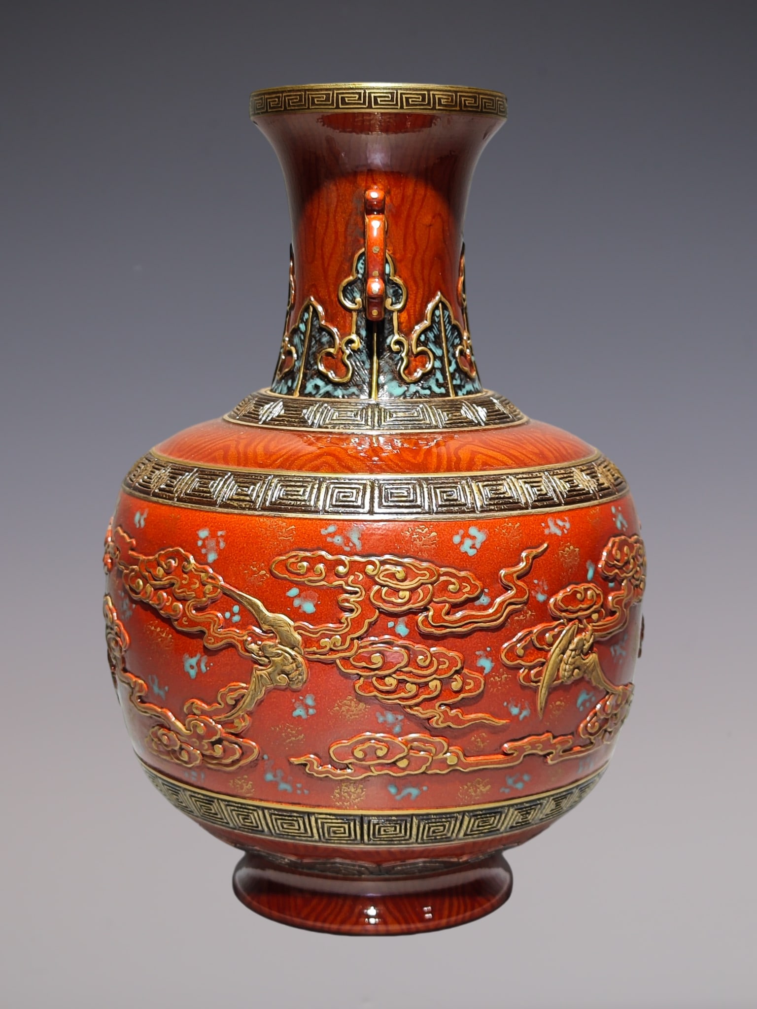 An Exquisite Iron-Red Auspicious Cloud Pattern Double-Ears Vase - 2