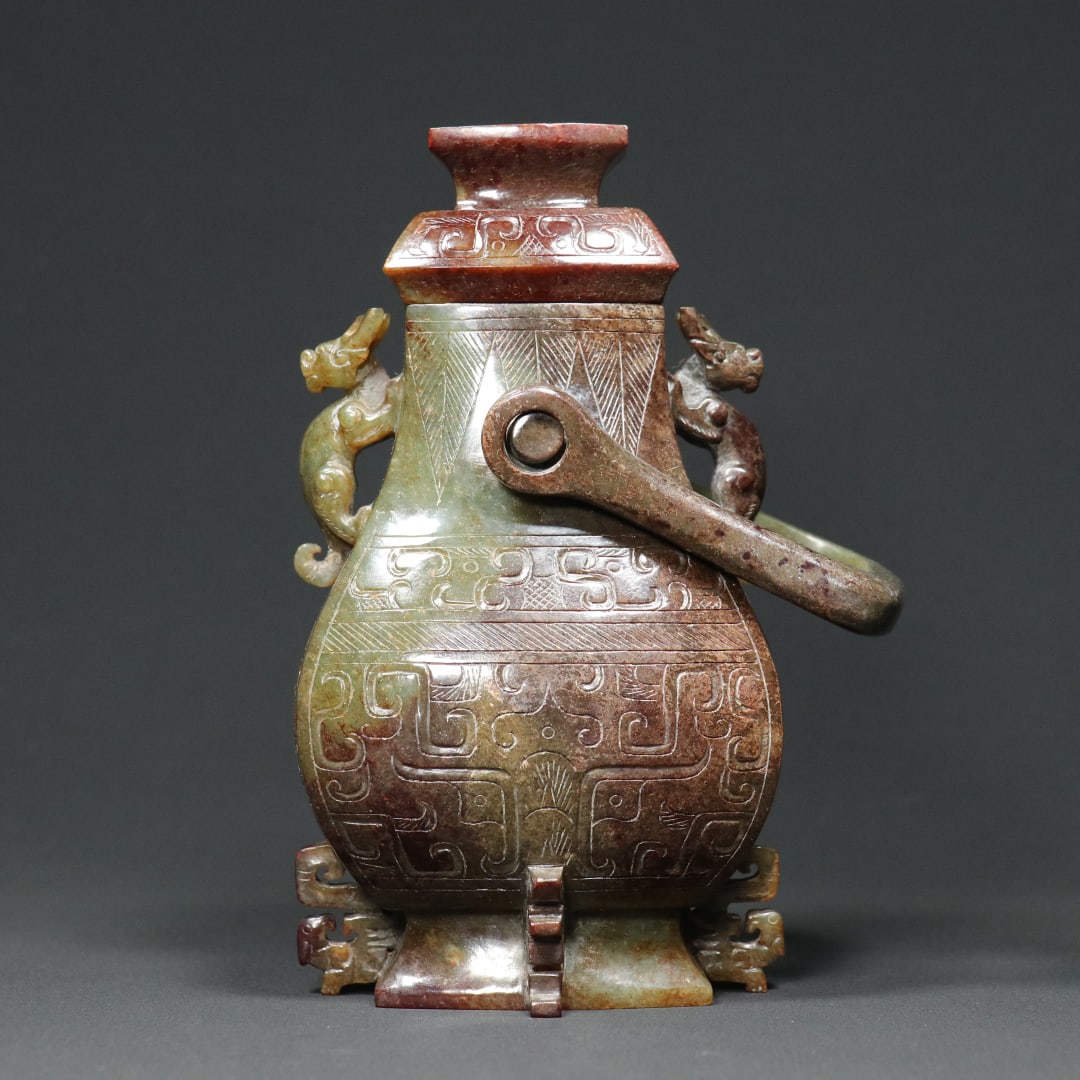 An Exquisite White Jade Dragon Pattern Beast-Face Pattern Double-Ears Vase Ornament - 2