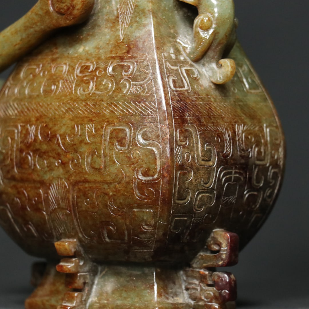 An Exquisite White Jade Dragon Pattern Beast-Face Pattern Double-Ears Vase Ornament - 4