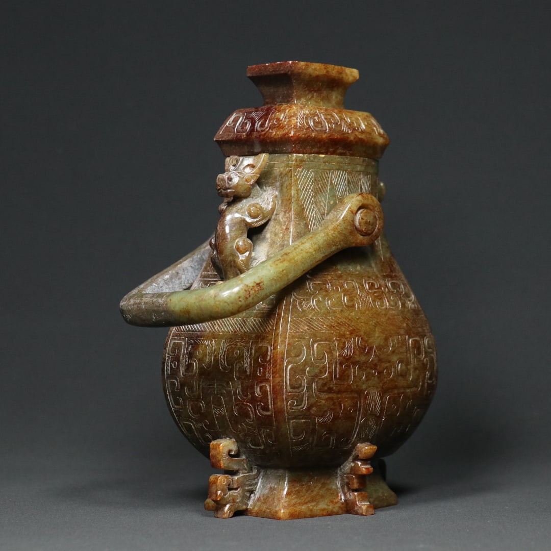 An Exquisite White Jade Dragon Pattern Beast-Face Pattern Double-Ears Vase Ornament - 5