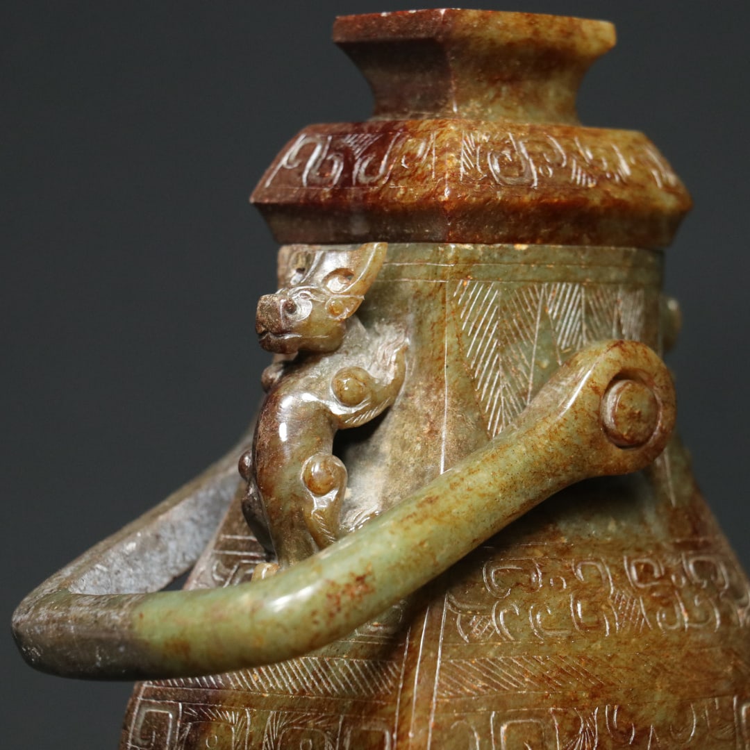 An Exquisite White Jade Dragon Pattern Beast-Face Pattern Double-Ears Vase Ornament - 6