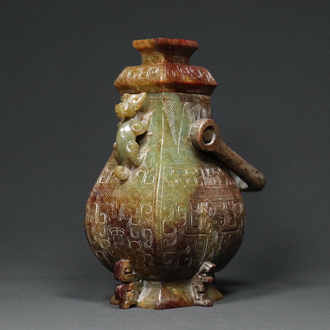 An Exquisite White Jade Dragon Pattern Beast-Face Pattern Double-Ears Vase Ornament - 7