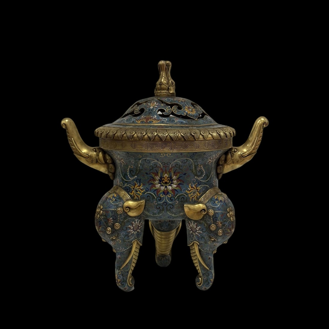 An Exquisite Cloisonne Lotus Pattern Double-Ears and Tripod Censer: An Exquisite Cloisonne Lotus Pattern Double-Ears and Tripod Censer Qing Dynasty, China Qianlong Four-character Mark Size:18.9inx16.9in
