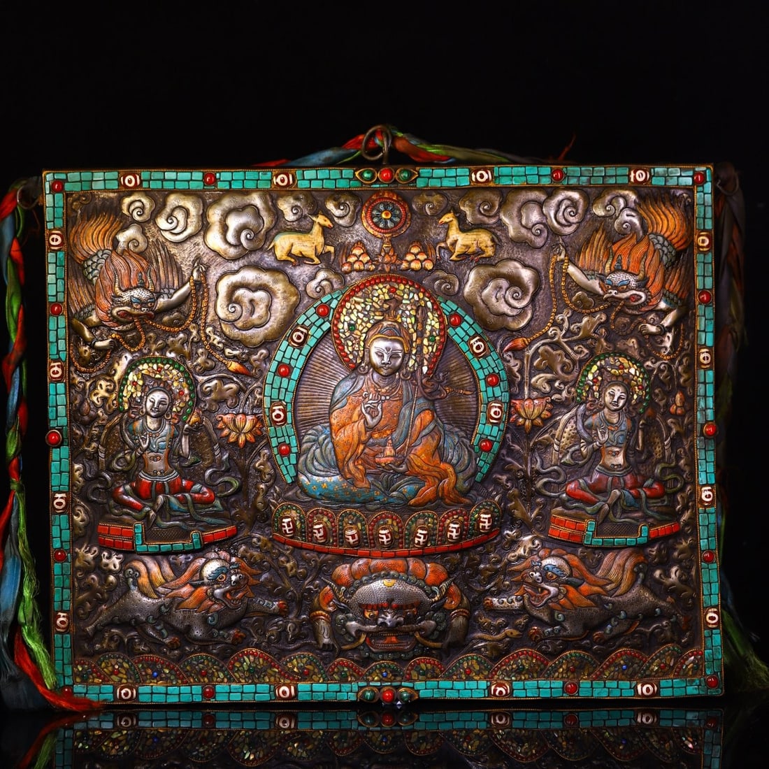 An Exquisite Iron Inlaid Dzi Bead Gems Painted Color Statue of Padma Sambhava Tangka: An Exquisite Iron Inlaid Dzi Bead Gems Painted Color Statue of Padma Sambhava Tangka Qing Dynasty, China Size:14.6inx18.1in