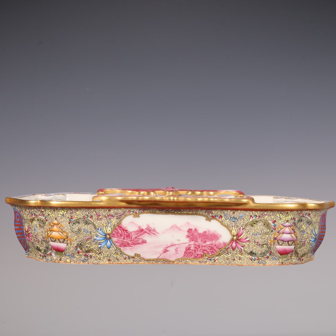 An Exquisite Famille-Rose Landscape Pattern Lotus Pattern Character and Story Pattern Brush Washer: An Exquisite Famille-Rose Landscape Pattern Lotus Pattern Character and Story Pattern Brush Washer Qing Dynasty, China Qianlong Four-character Mark