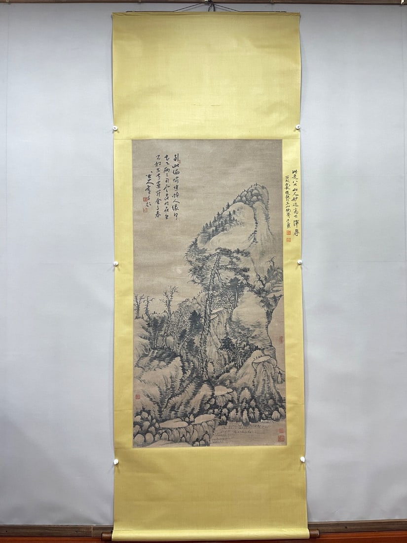 A Chinese Vertical Scroll Ink Painting of Landscape on Paper: A Chinese Vertical Scroll Ink Painting of Landscape on Paper Ba da shan ren Without frame Size:54.3inx26.8in八大山人山水 纸本立轴Without
