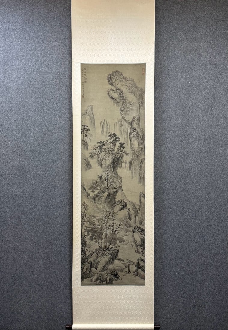 A Chinese Vertical Scroll Ink Painting of Landscape on Silk: A Chinese Vertical Scroll Ink Painting of Landscape on Silk Guo xi Without frame Size:67.7inx19.7in郭熙溪山行旅图 绢本立轴Without