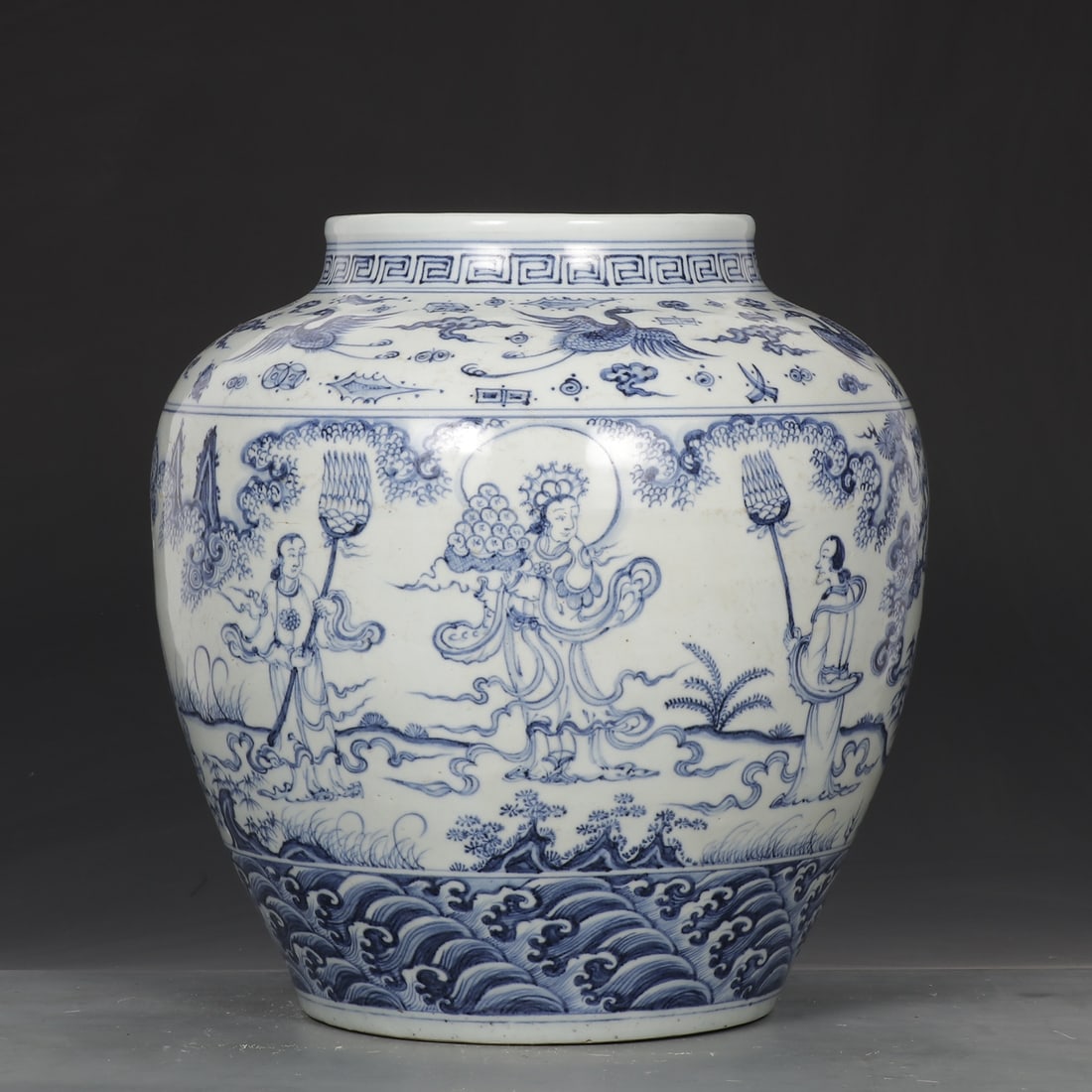 An Exquisite Blue and White Character and Story Pattern Jar: An Exquisite Blue and White Character and Story Pattern Jar Ming Dynasty, China Size:13.4inx11.8in青花三星对弈图大罐