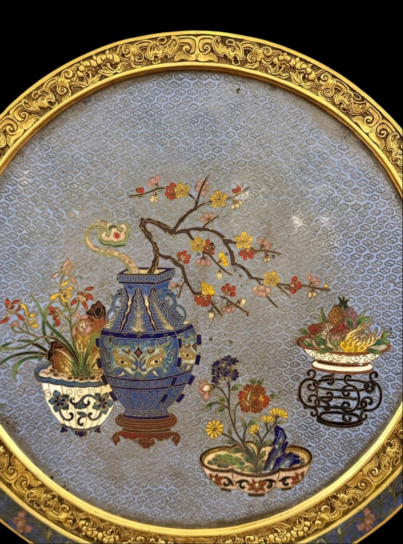 An Exquisite Cloisonne Lotus Pattern Flower Pattern Bats and Peach Pattern Screen - 2