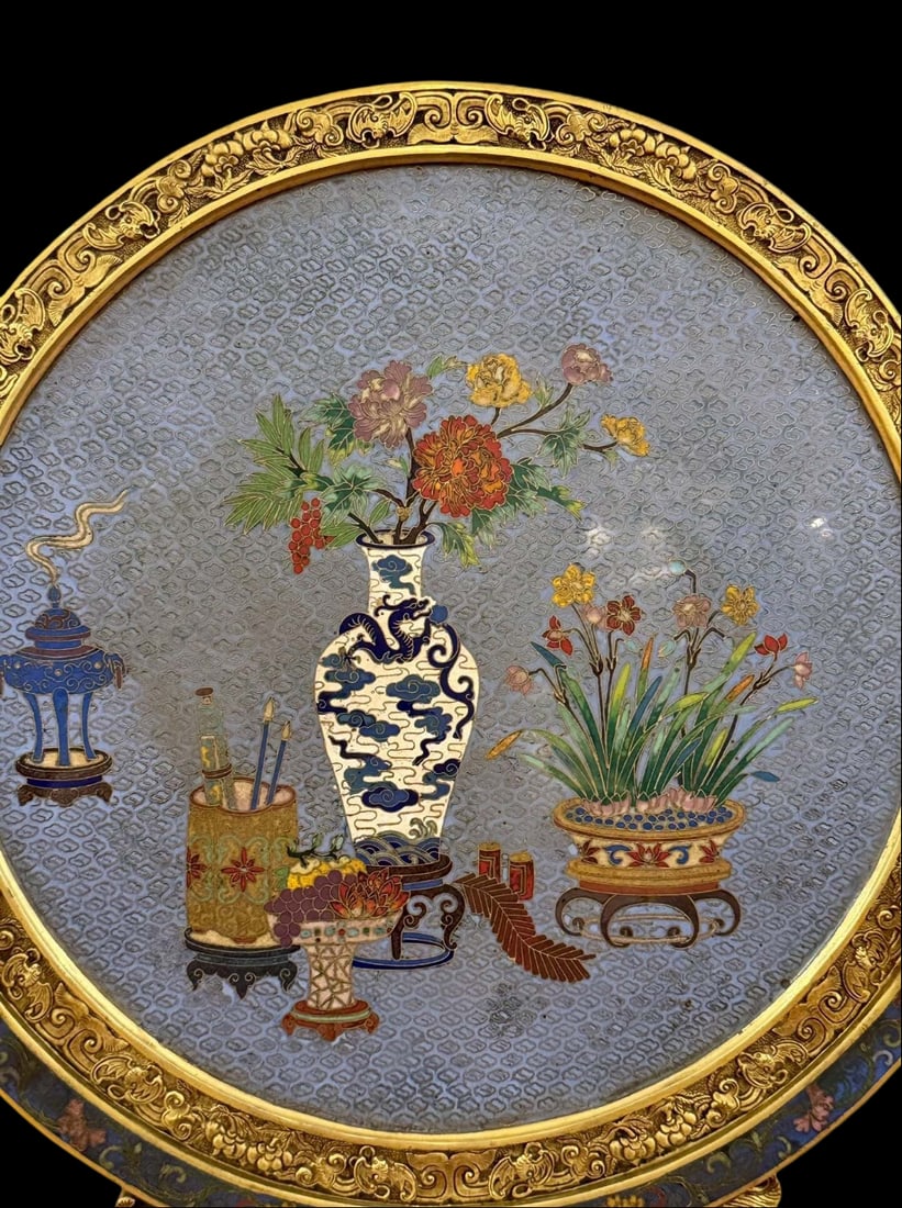 An Exquisite Cloisonne Lotus Pattern Flower Pattern Bats and Peach Pattern Screen - 7