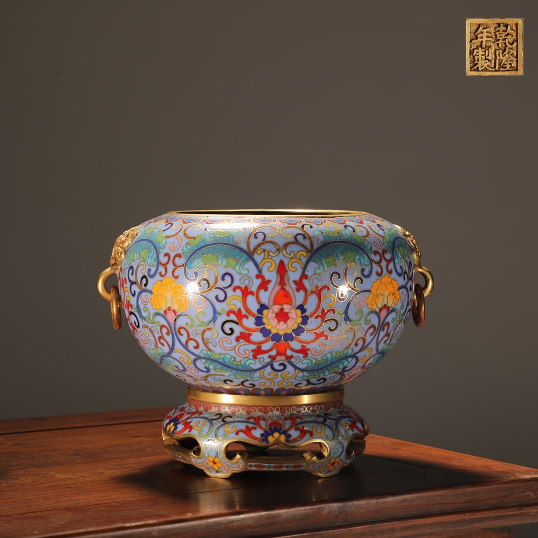 An Exquisite Cloisonne Lotus Pattern Double-Ears Censer: An Exquisite Cloisonne Lotus Pattern Double-Ears Censer Qing Dynasty, China Qianlong Four-character Mark Size:5.3inx6.3in Weight:2100g景泰蓝钵式炉 中国&